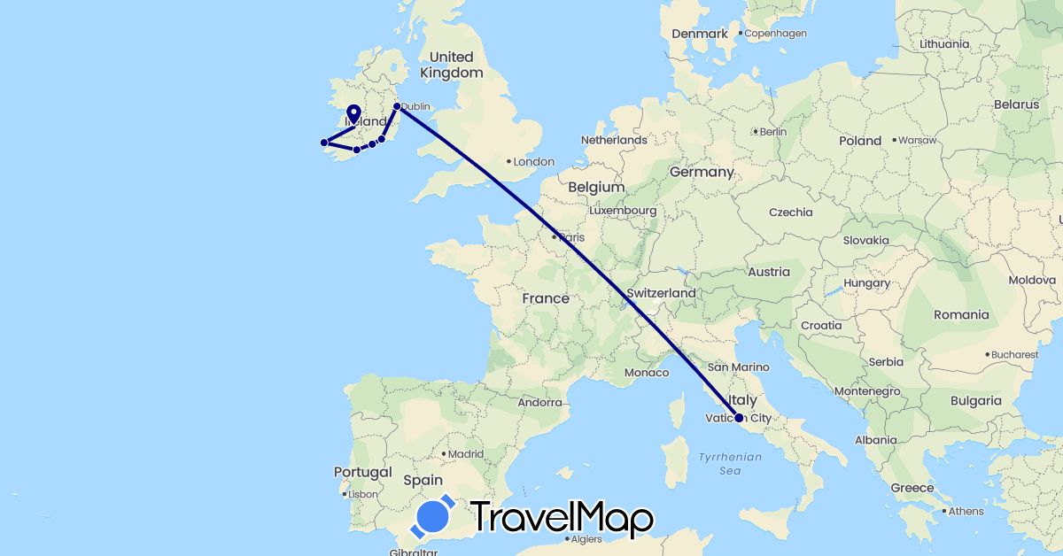 TravelMap itinerary: driving in Ireland, Italy (Europe)